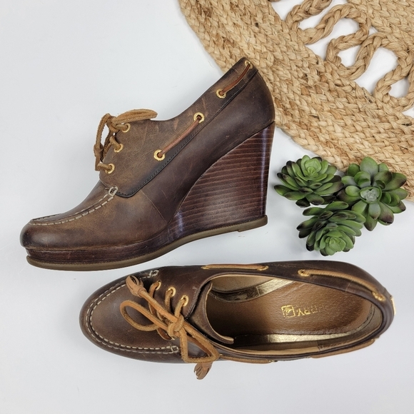 Sperry Top-Sider Seabourn Distressed Brown Oiled Leather Lace-up Wedge Size 9.5 - Picture 11 of 13